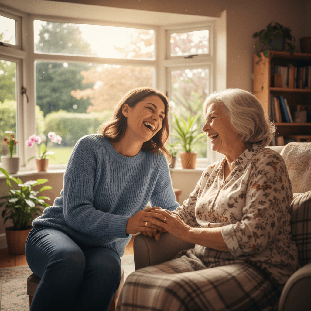 Caregiver and older woman laughing together near bright window in home