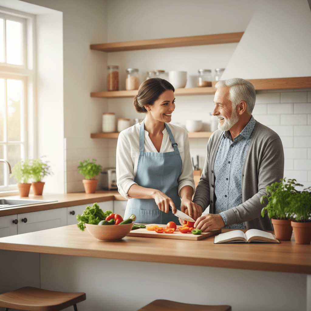 Caregiver helping senior woman prepare food at home kitchen counter