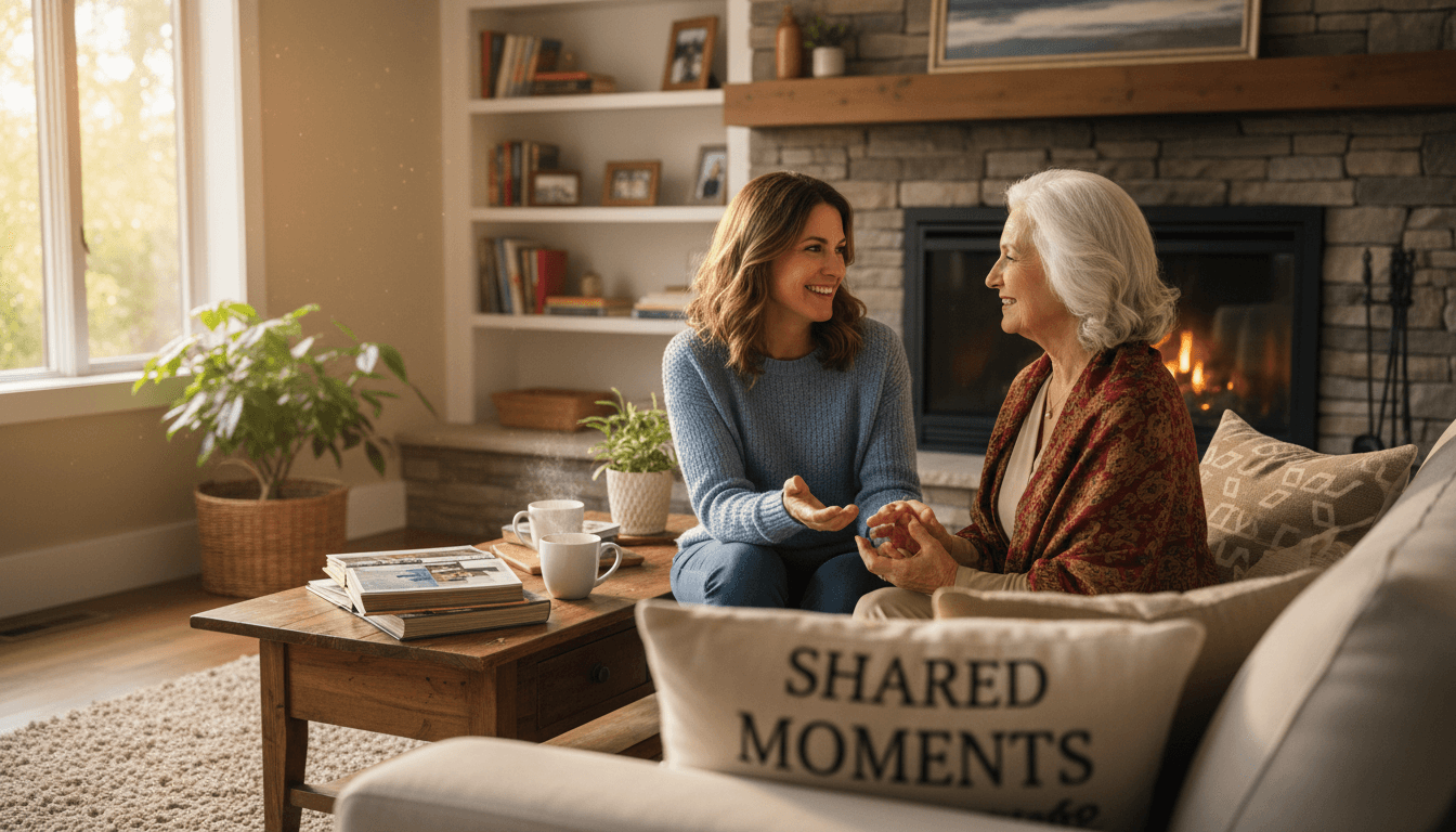 A caregiver sitting with a senior woman in a cozy living room, having a warm conversation