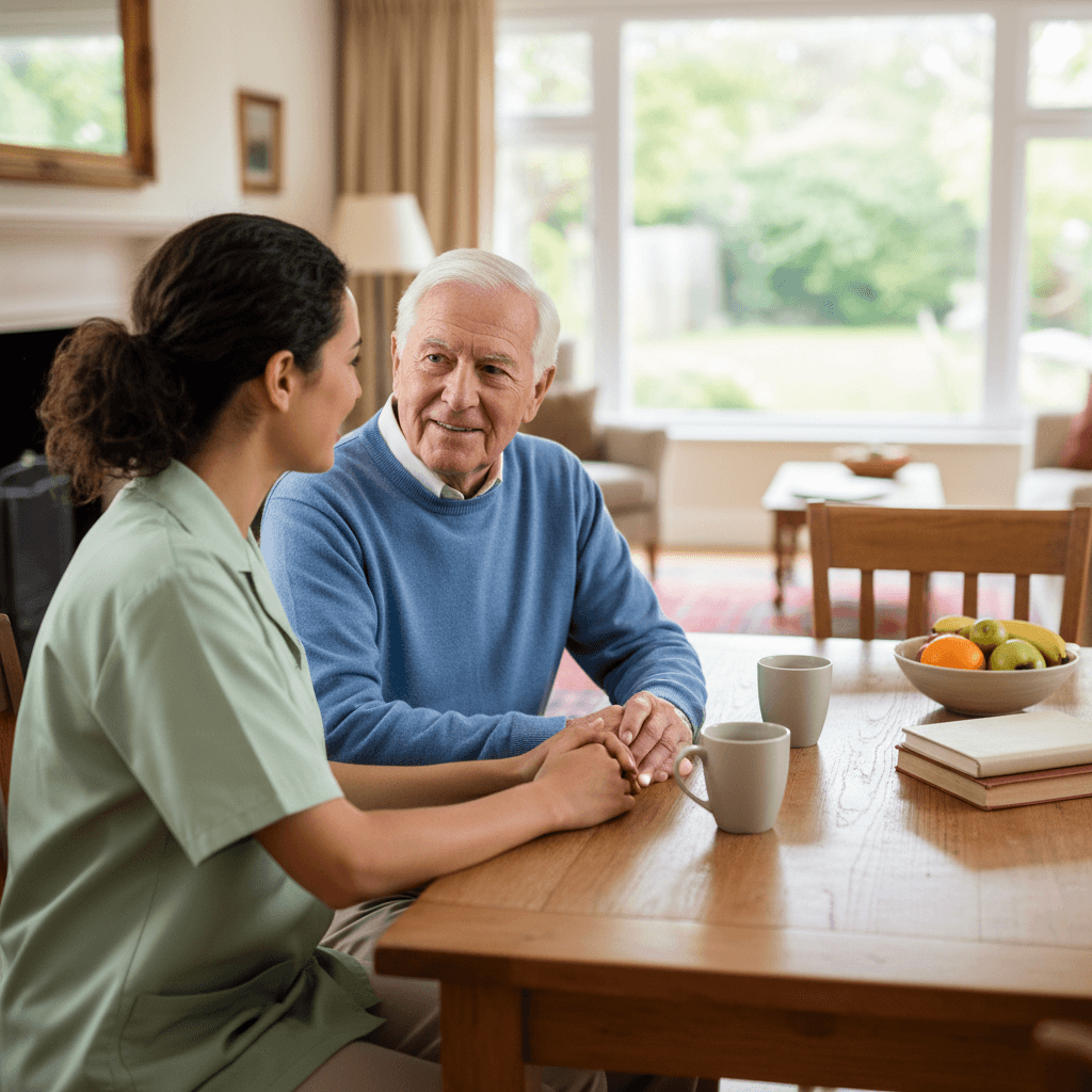 Senior man talking with caregiver seated at dining table in home