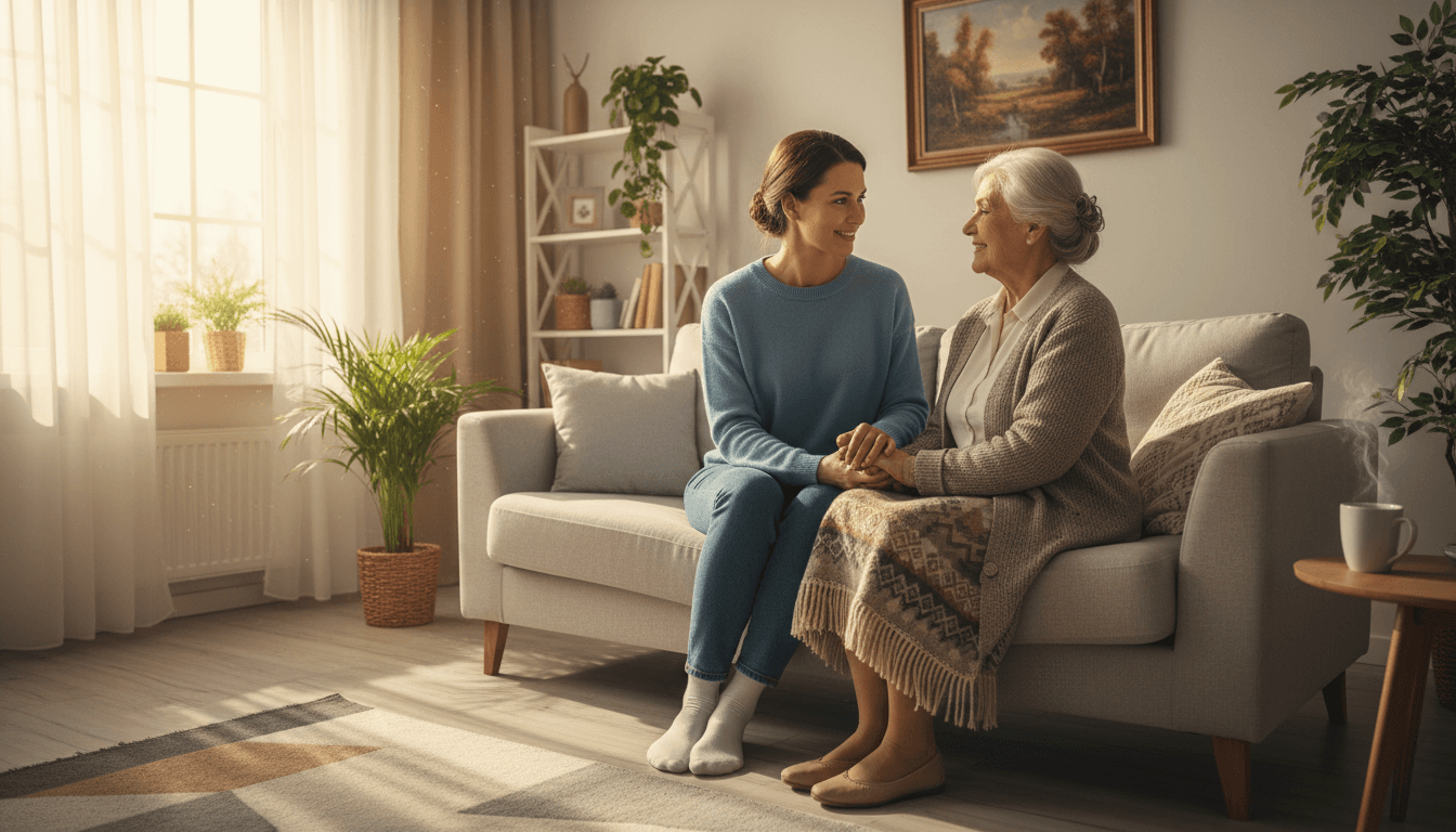Caregiver holding hands with smiling senior woman on a couch in a bright living room