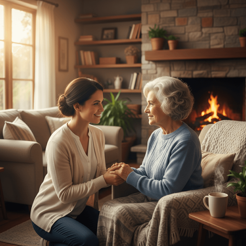 Smiling female caregiver holding hands with senior woman on living room sofa