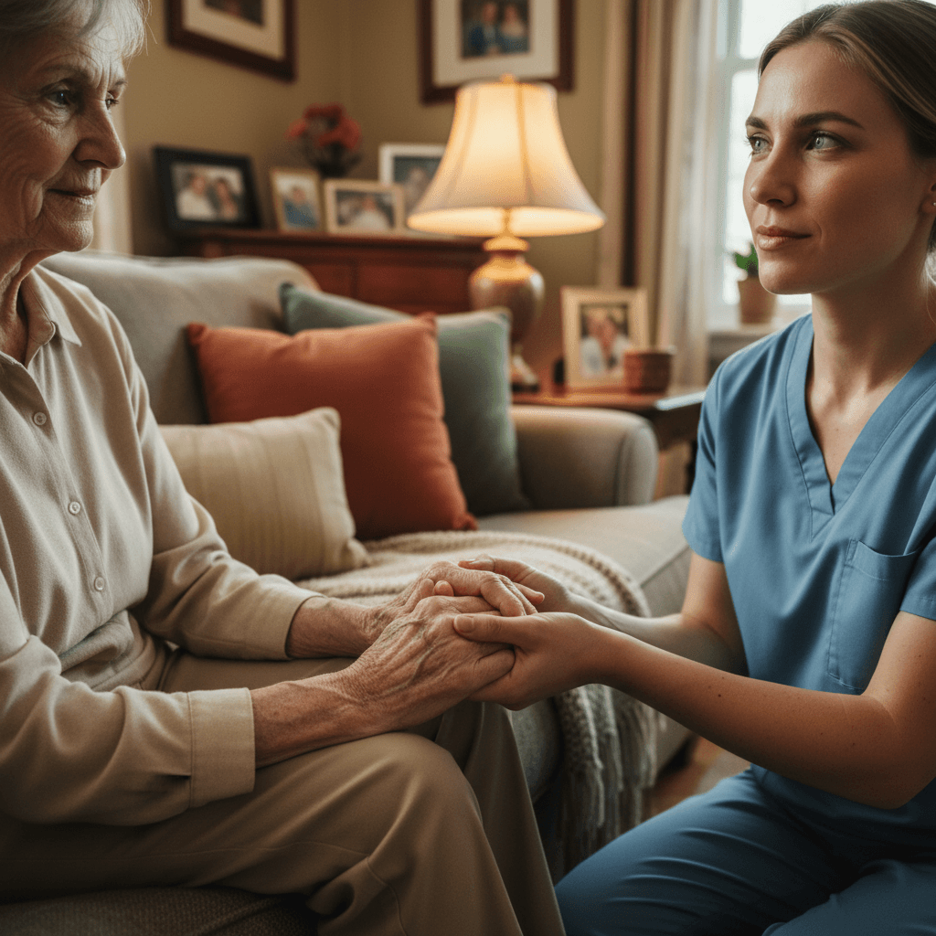Smiling caregiver holding hands with a senior woman at home