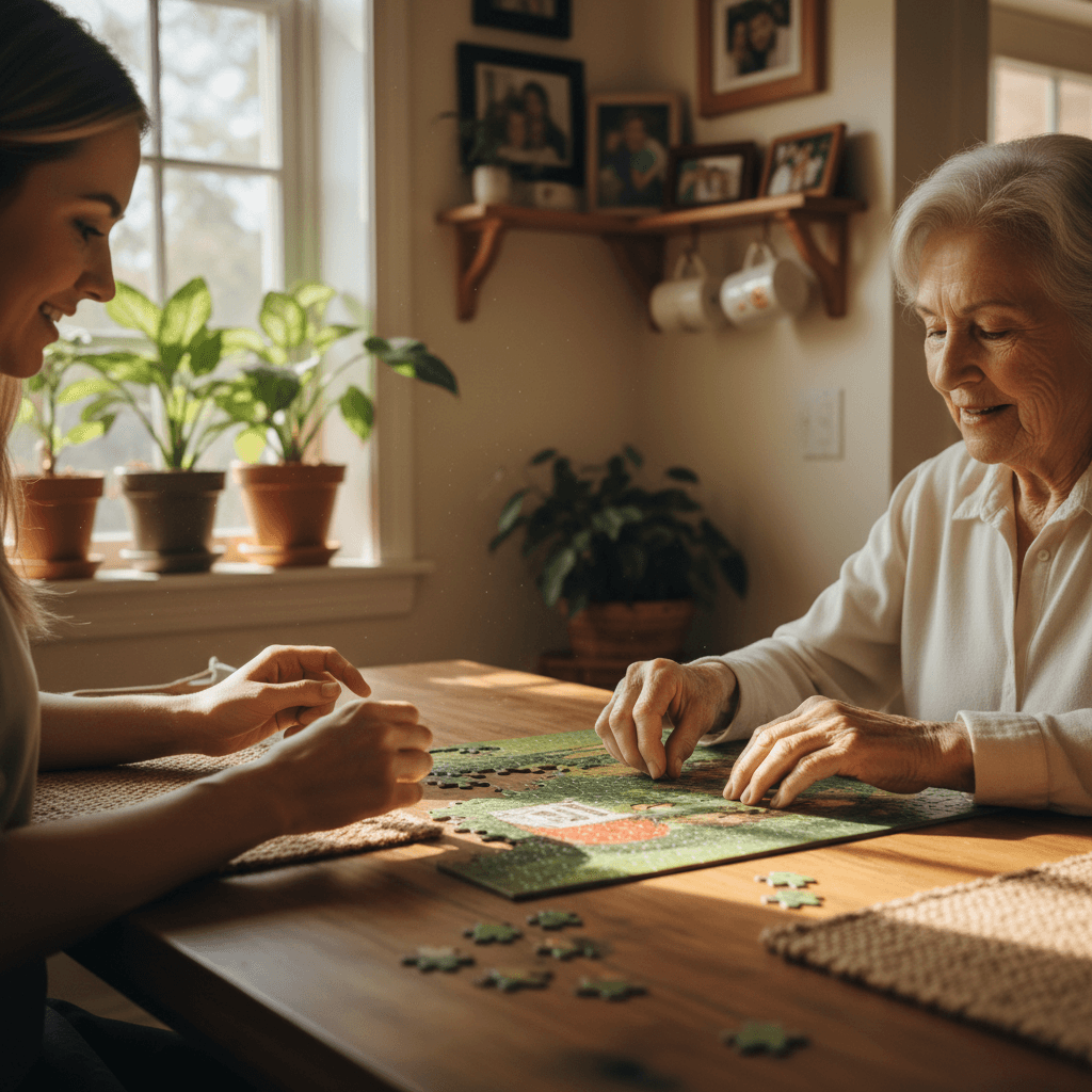 Caregiver and senior woman smiling together in a bright living room