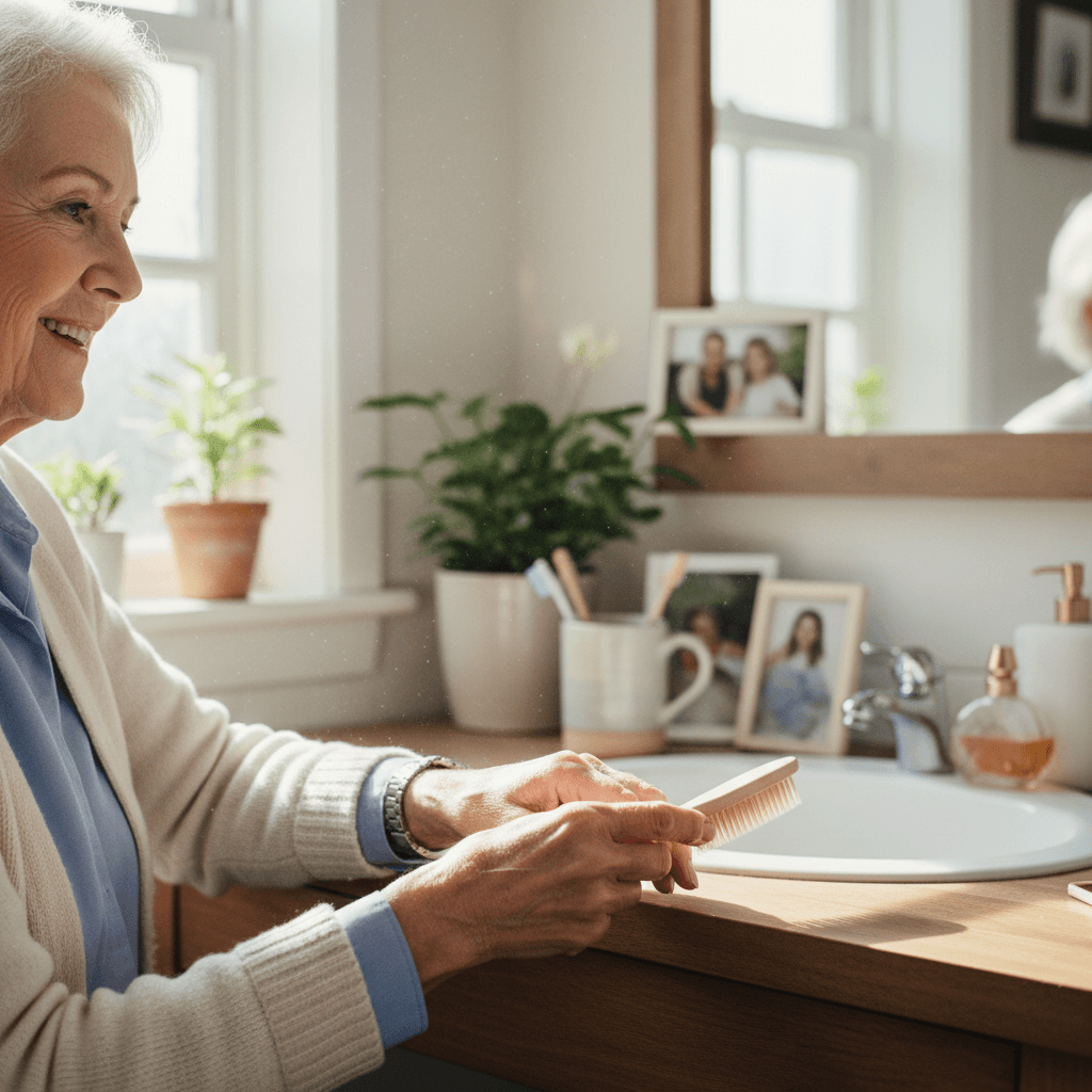 Female caregiver sitting with a senior woman at home, holding hands in warm natural light